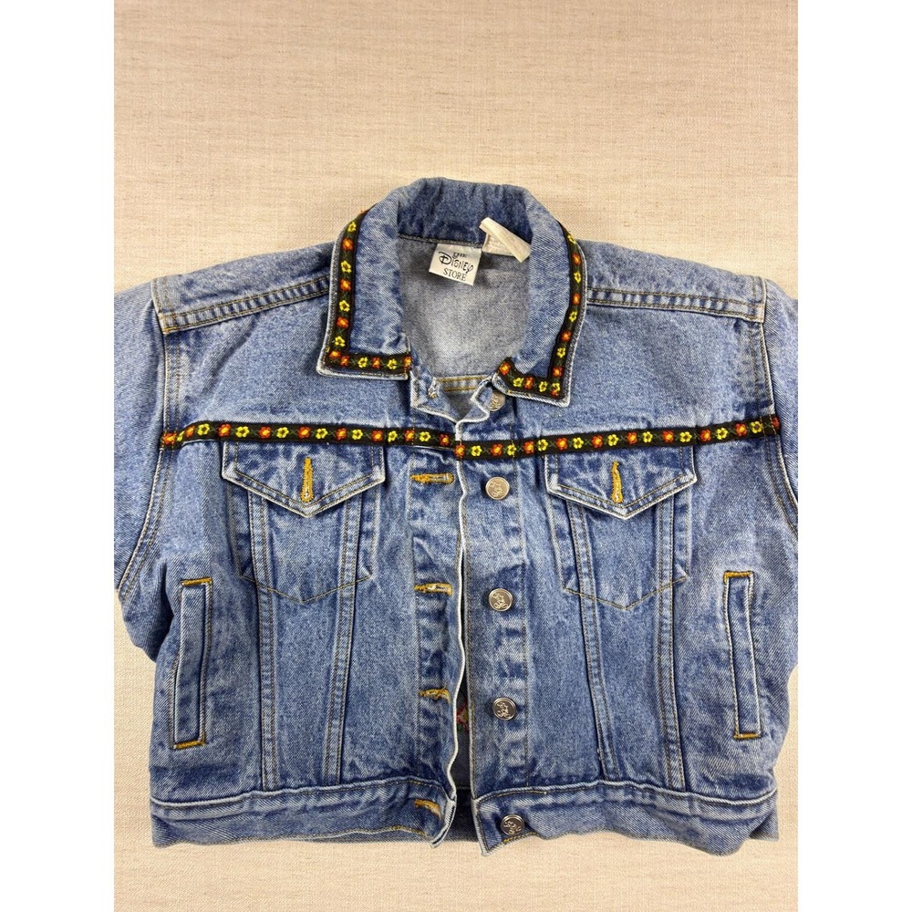 Vintage Disney Store Denim Jacket Medium Wash Floral Trim Embroidered Blue M